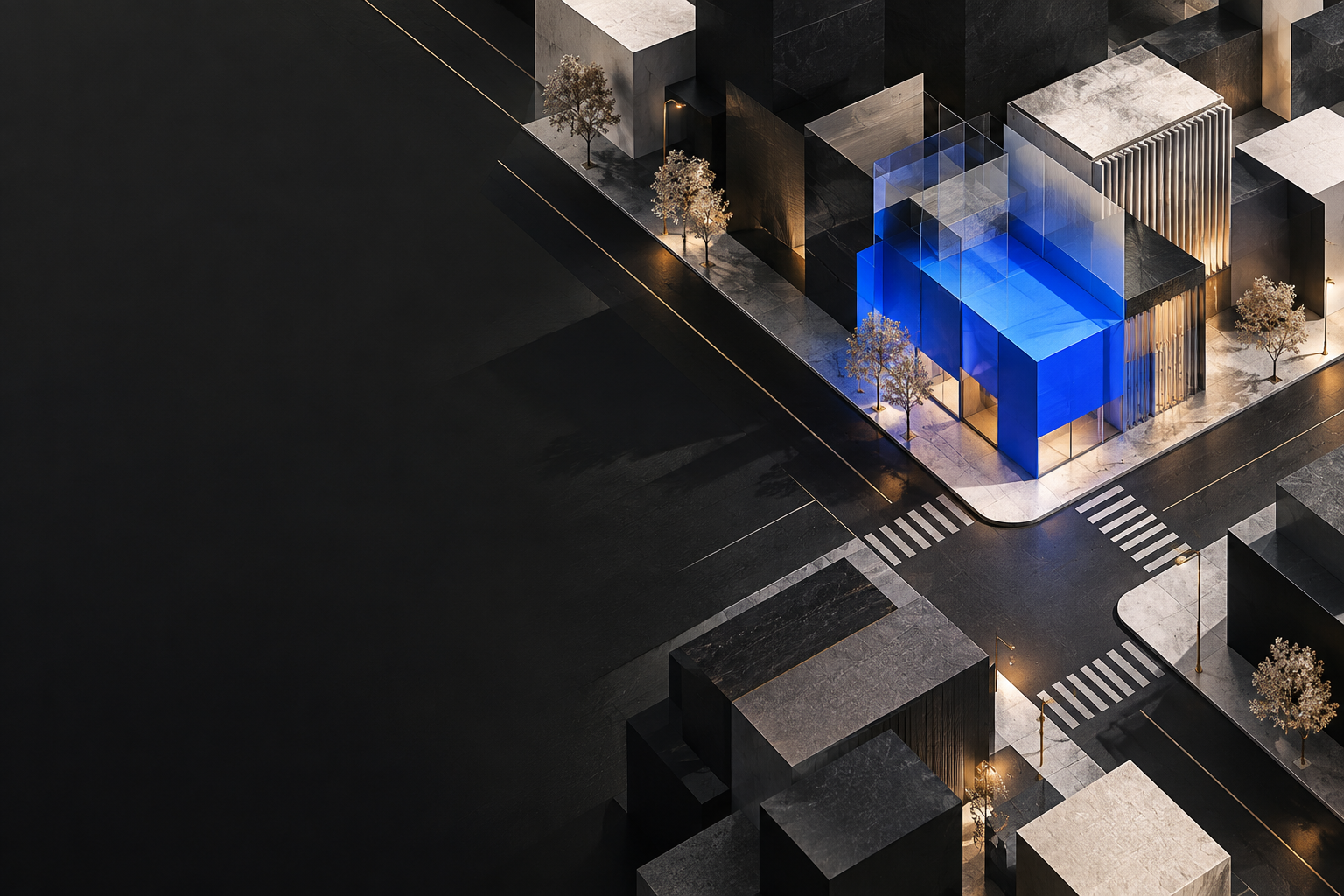 Architectural city grid with a vivid blue corner building